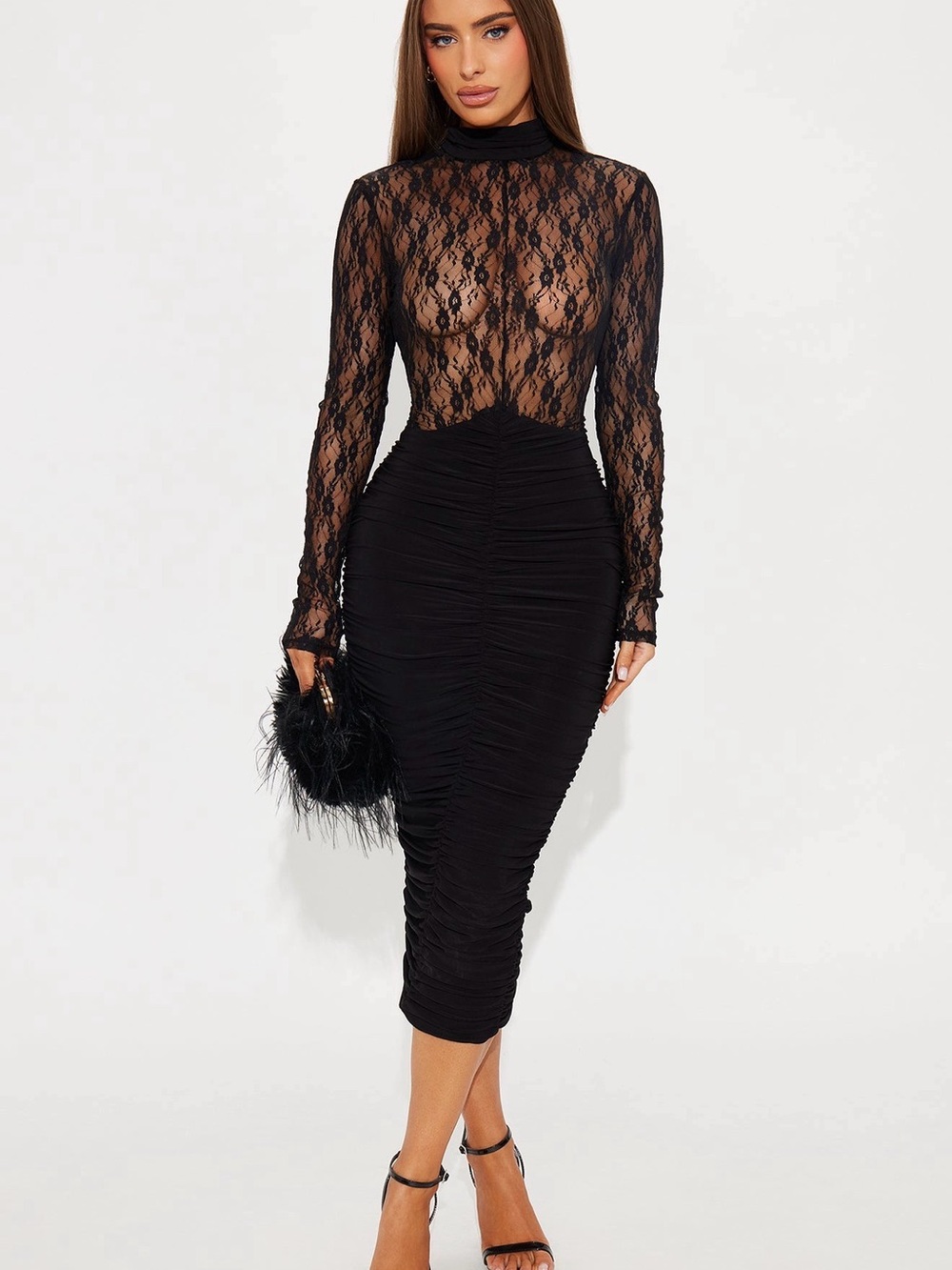 Fashion Nova-  Black Sheer Lace Long-Sleeve Ruched Pencil Midi Dress